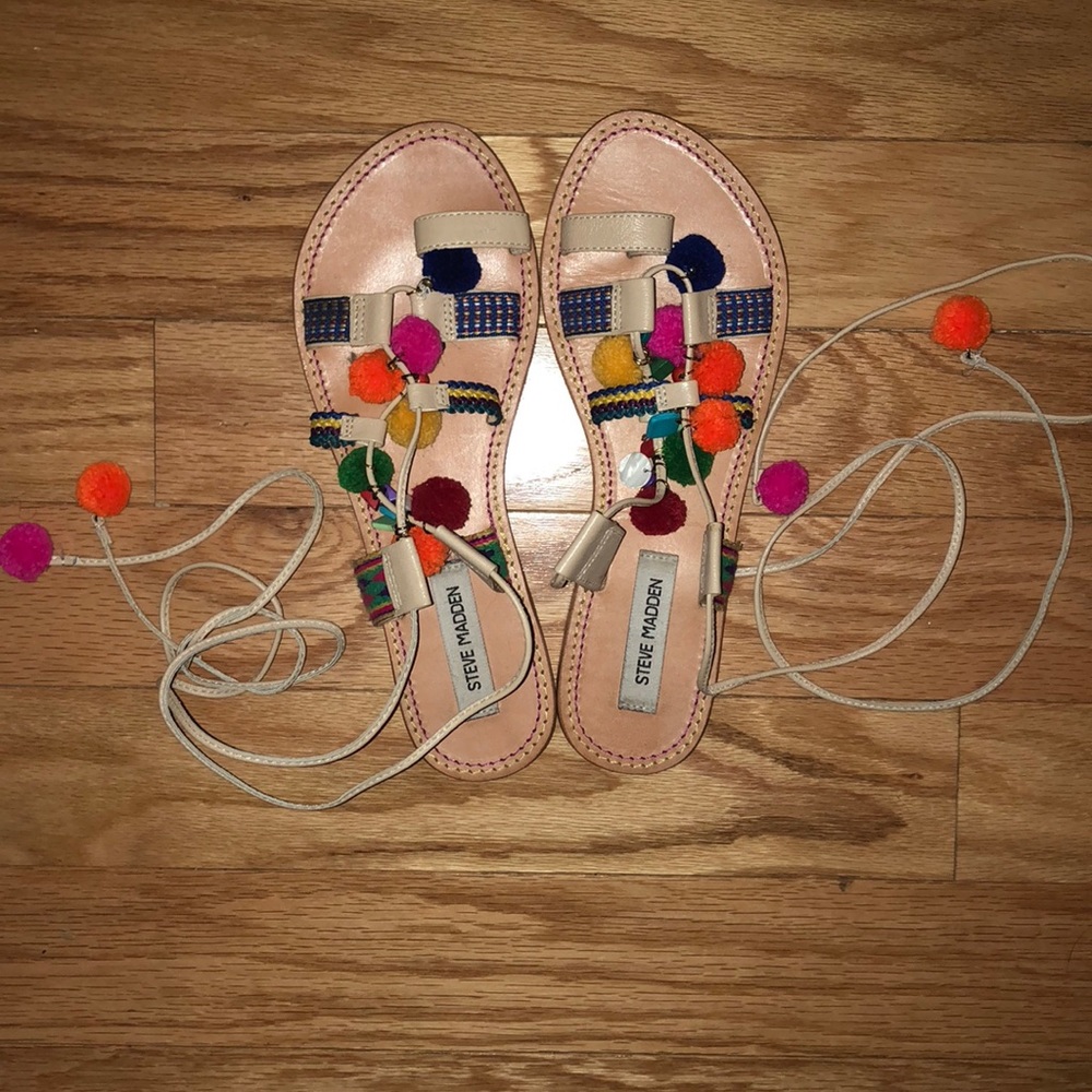 Steve Madden Pom Pom Ankle Wrap Sandals